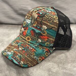 Western skull leopard trucker ponytail or bun hat